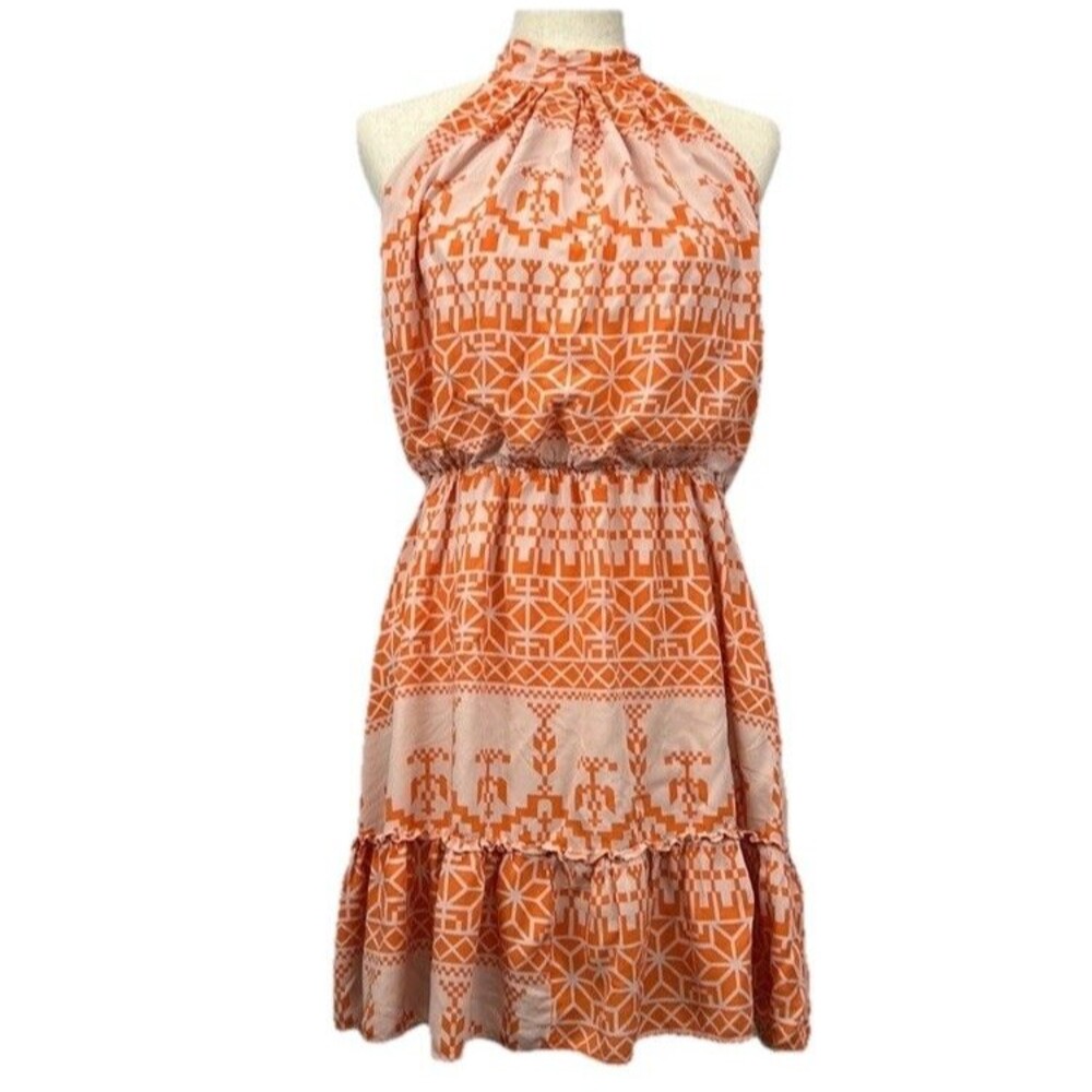 Btfbm Orange White Sleeveless Halter Neck Casual Dress Ruffle Boho Aztec XL